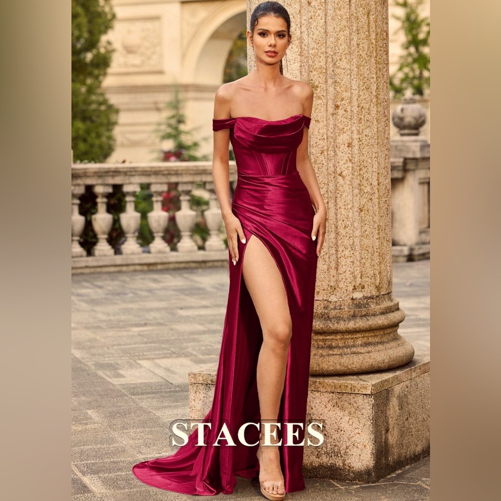 Burgundy Off-the-Shoulder Prom Dress with Pleated Split (Size 2) NEVER WORN